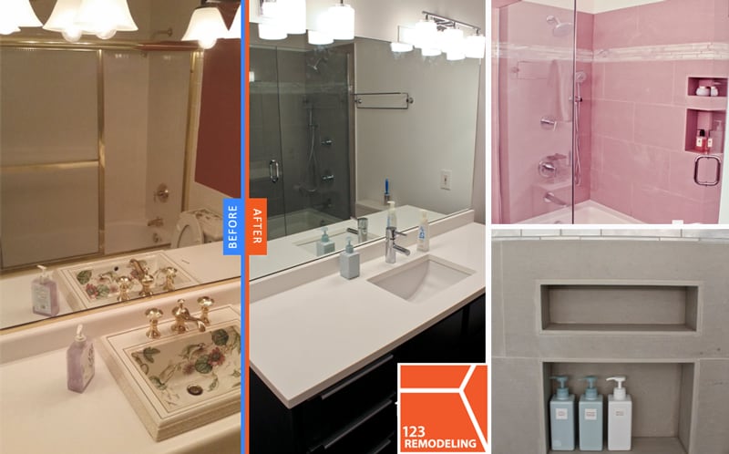 123 Remodeling build to suit, custom designed bathtub back-splashed wall with built-in storage for bath/shower essentials.