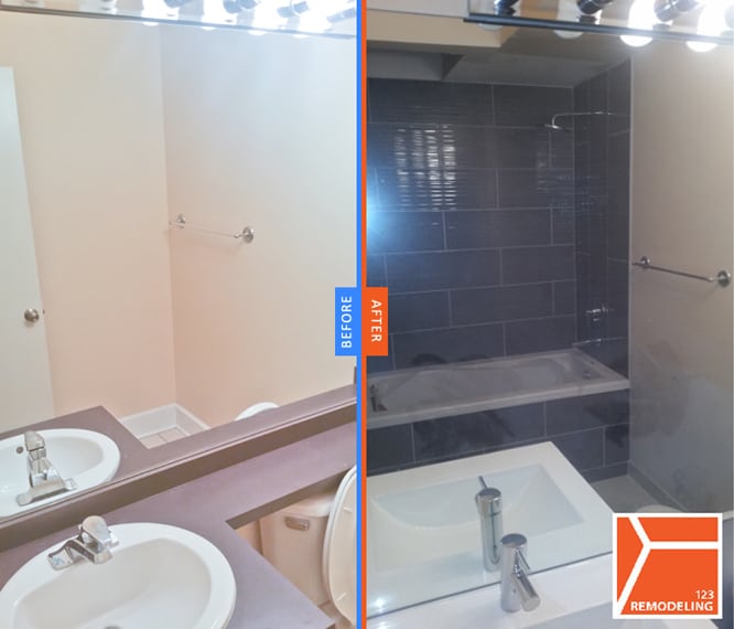 123 Remodeling's project in "West Loop" condo, turned a 1/2 bath into full bath by installing a bathtub and shower.