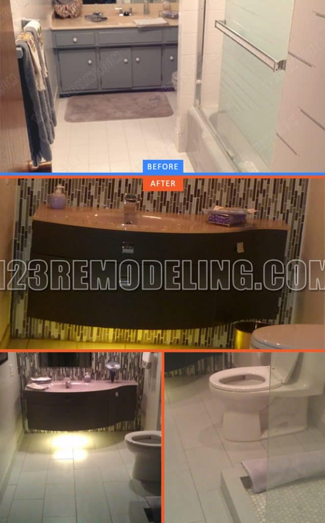 123 Remodeling's bathroom creating space by knocking down wall, installing wall-mounted sink with underneath lighting and replacing bathtub with frameless glass door walk-in shower.