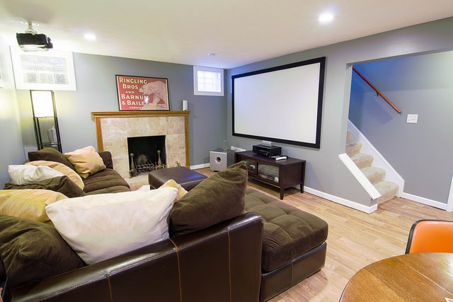 Interior of a completely renovated basement with designed lighting