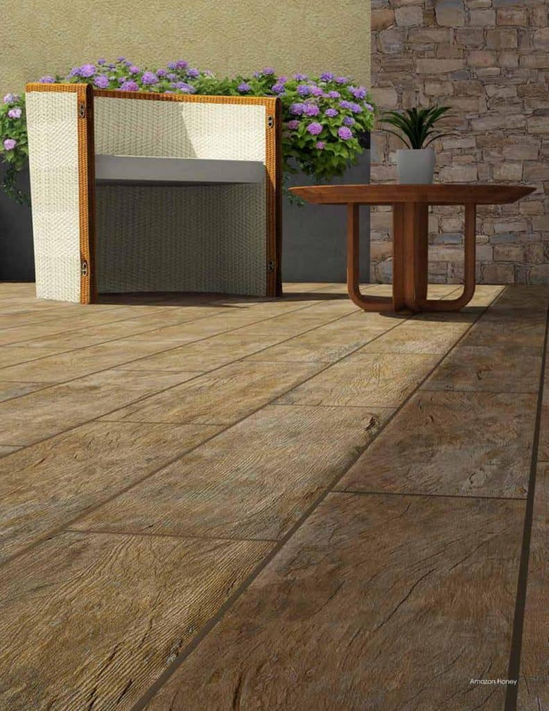 rustic wood-look tile on patio