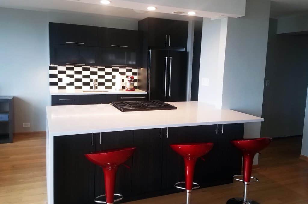 contemporary kitchen black and white backsplash tile