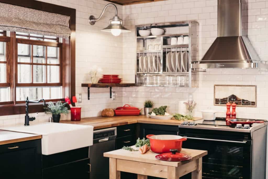 farmhouse kitchen with black cabinetry