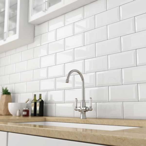 white beveled subway tile