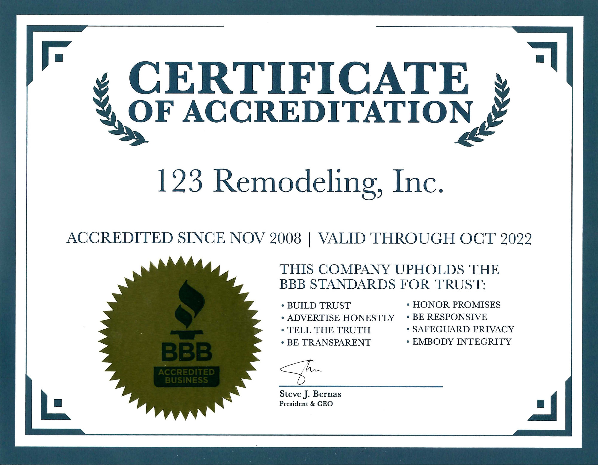 123 Remodeling, Inc. BBB Certificate of Accreditation 2022