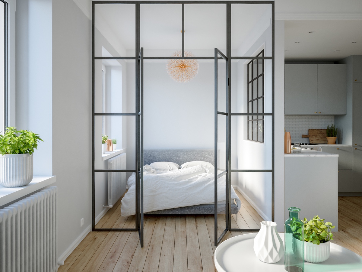 studio condo bedroom with glass partition wall panels