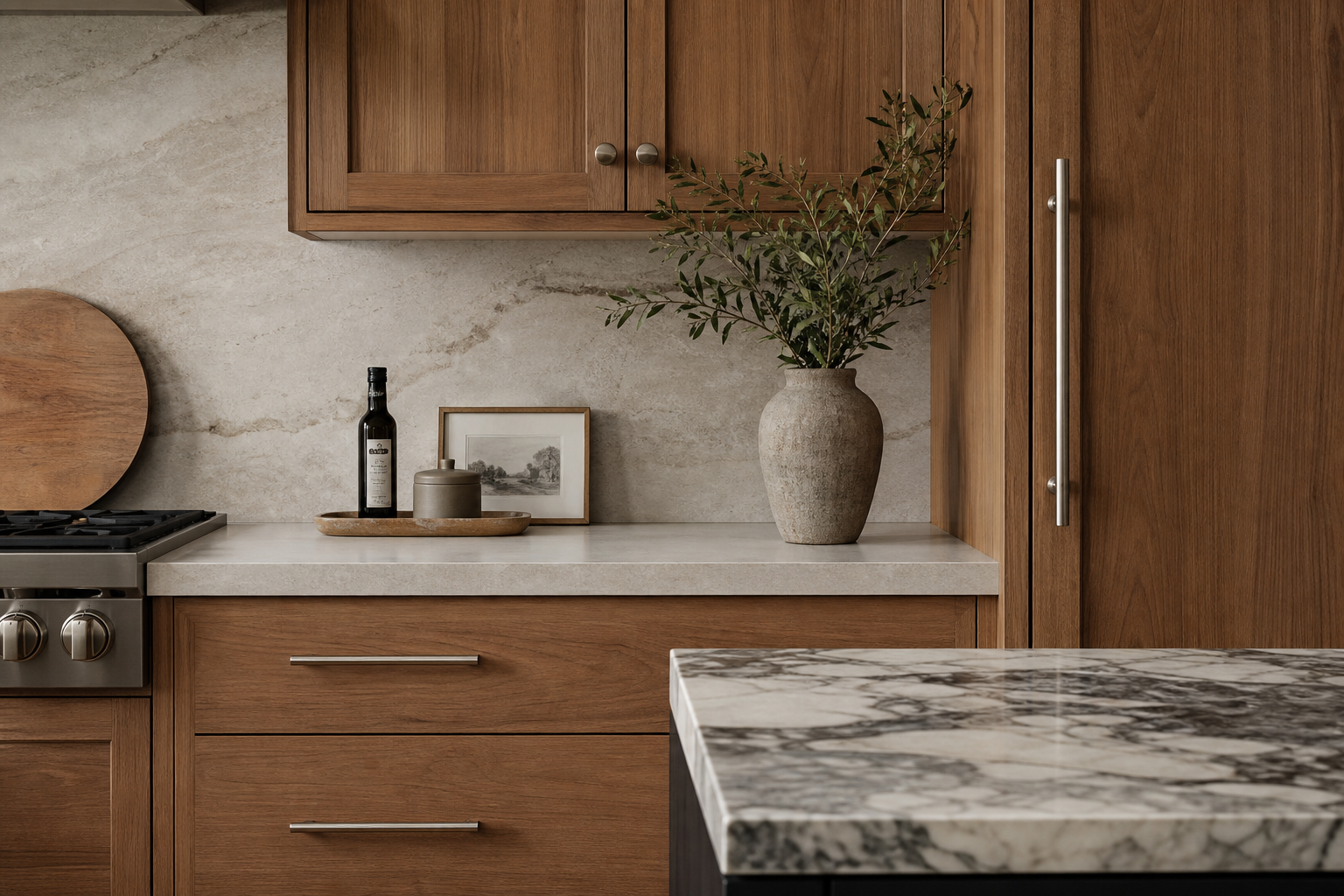 Close-up kitchen design with warm wood cabinets, brushed nickel hardware, slab backsplash, and contrasting island