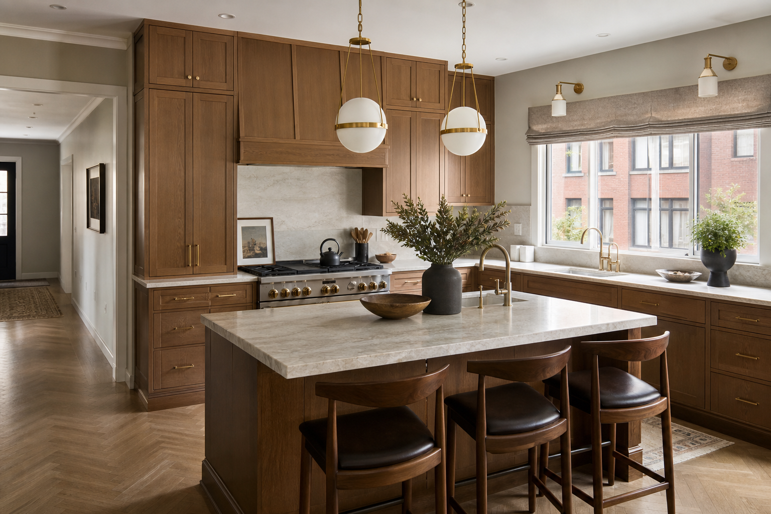 Chicago condo kitchen renovation with compact island, integrated appliances, warm materials, and elegant finishes